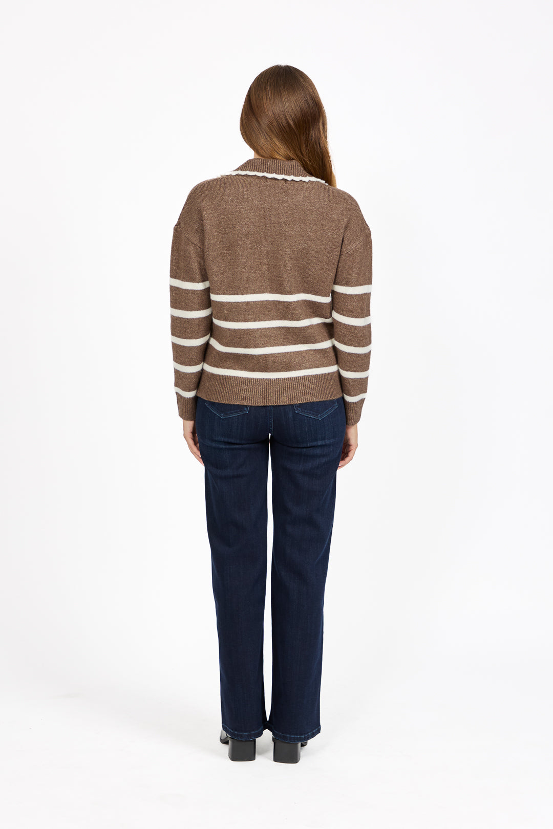 Crochet Trim Collared Stripe Knit Jumper