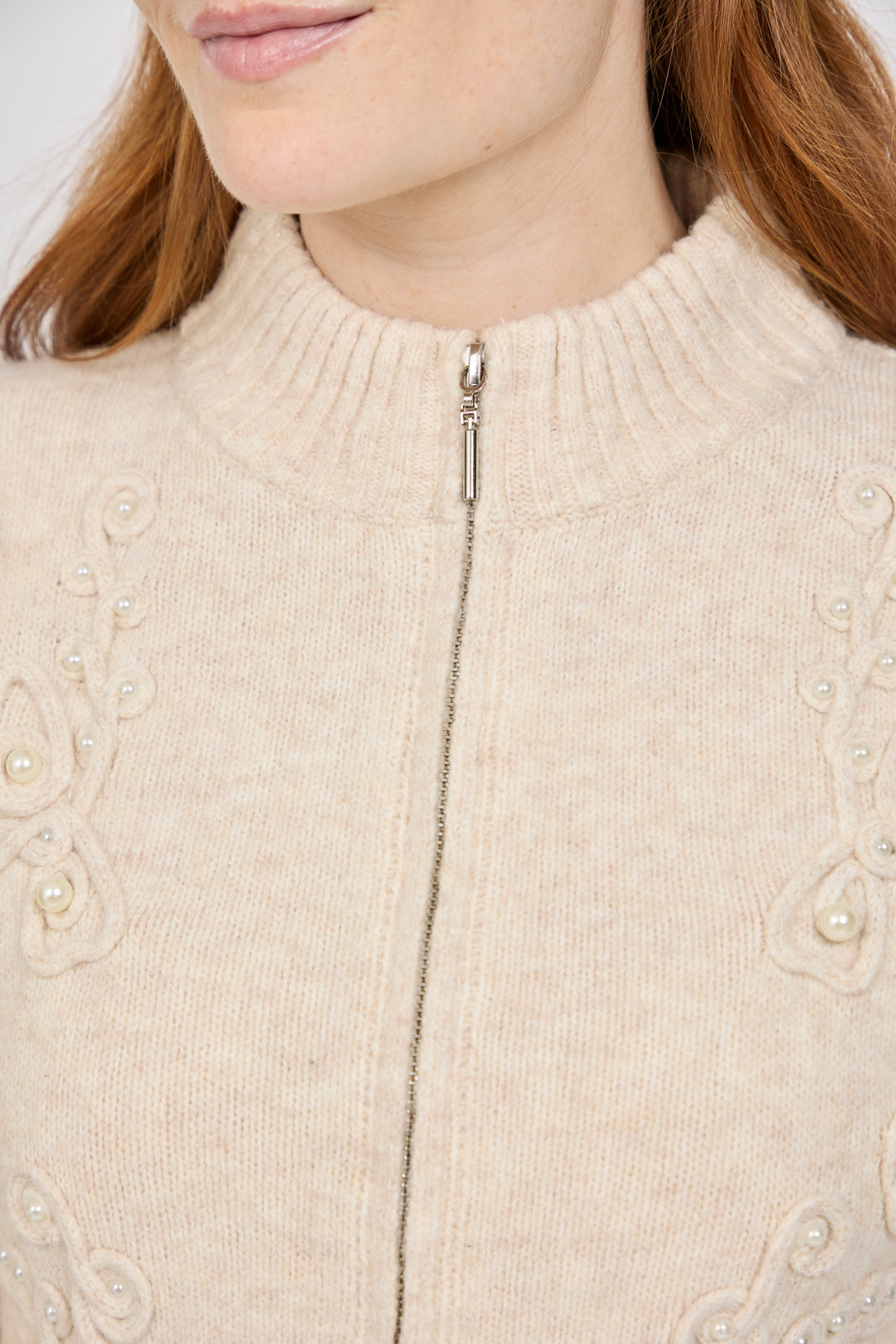 Cornelli Embellished Zip-Up Knit Cardigan