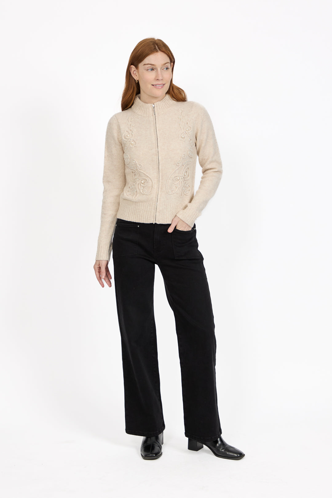 Cornelli Embellished Zip-Up Knit Cardigan
