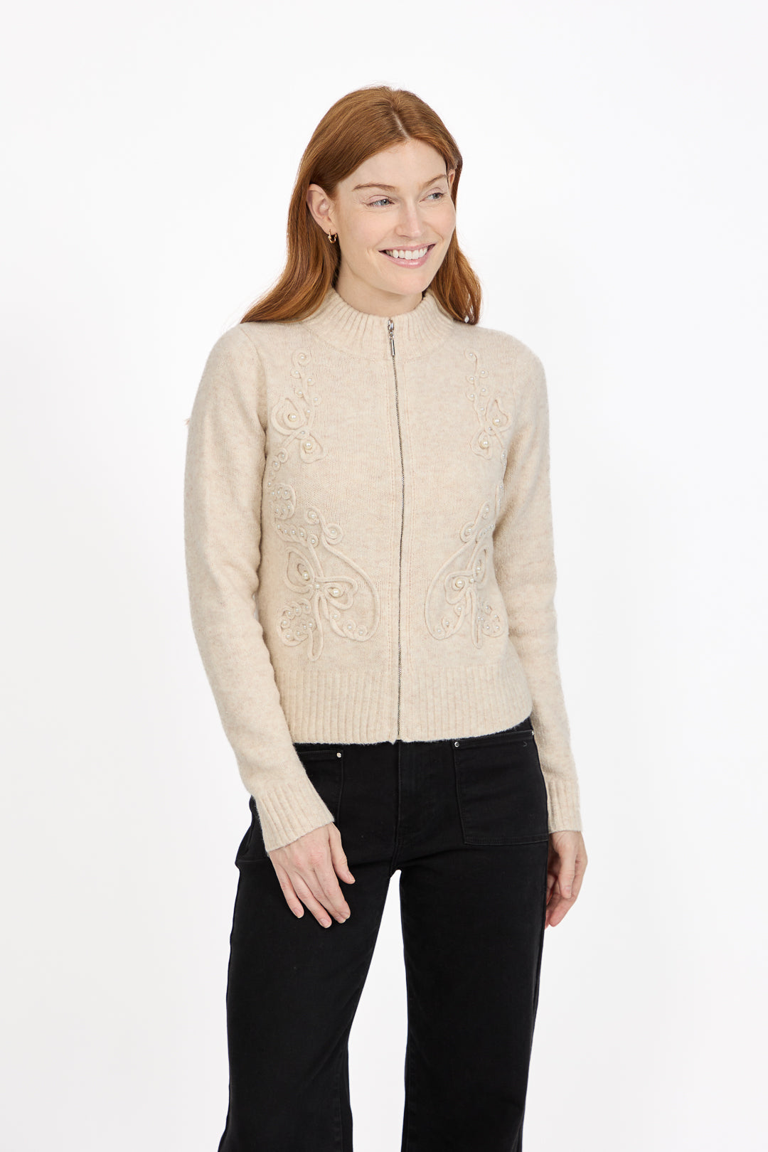 Cornelli Embellished Zip-Up Knit Cardigan