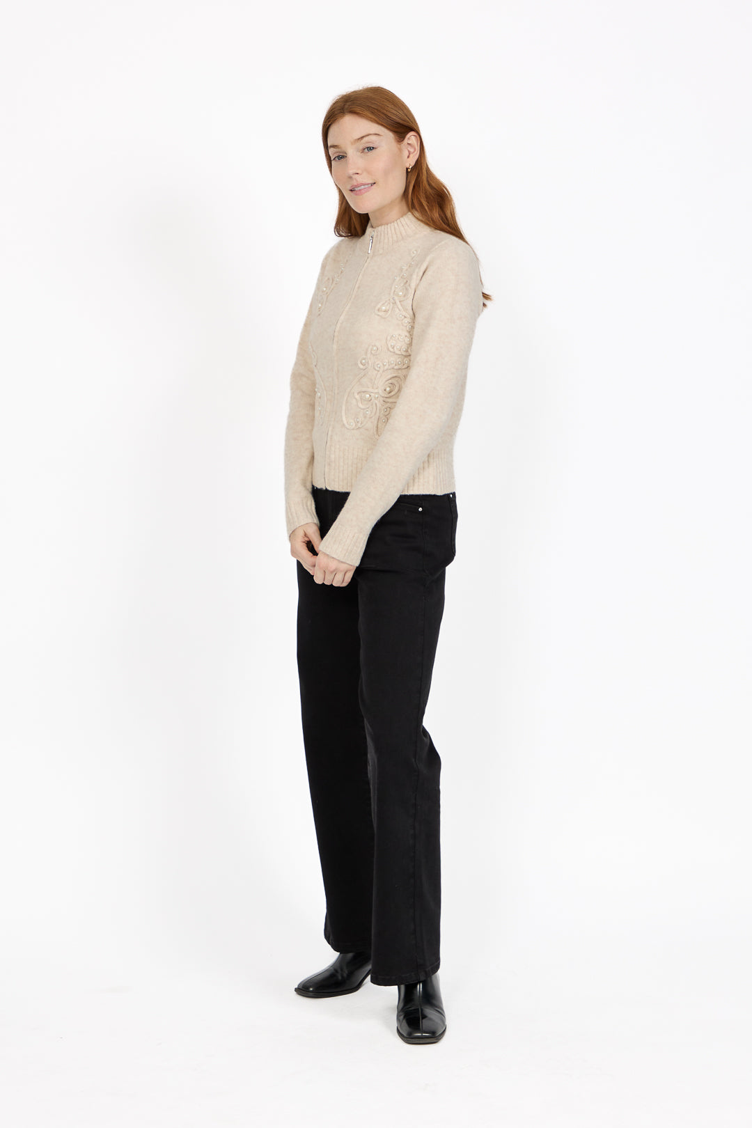 Cornelli Embellished Zip-Up Knit Cardigan