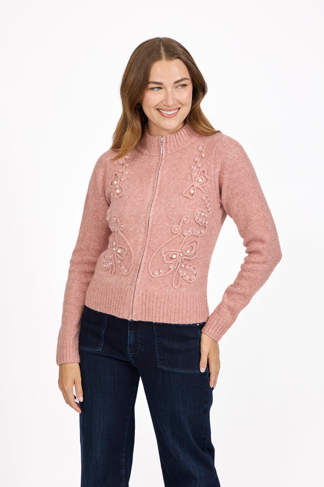Cornelli Embellished Zip-Up Knit Cardigan