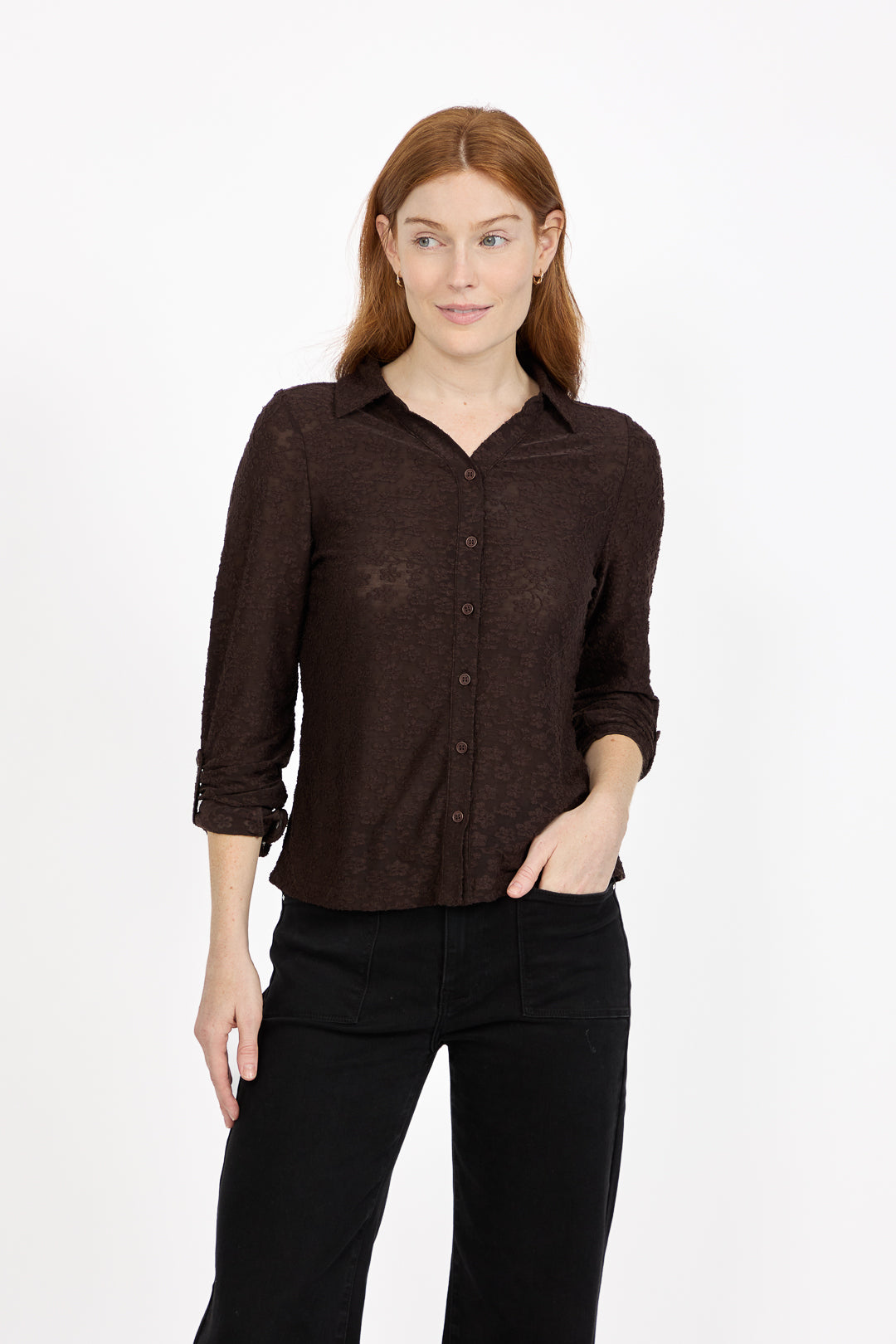 Floral Lace Full-Sleeve Stretch Shirt Blouse