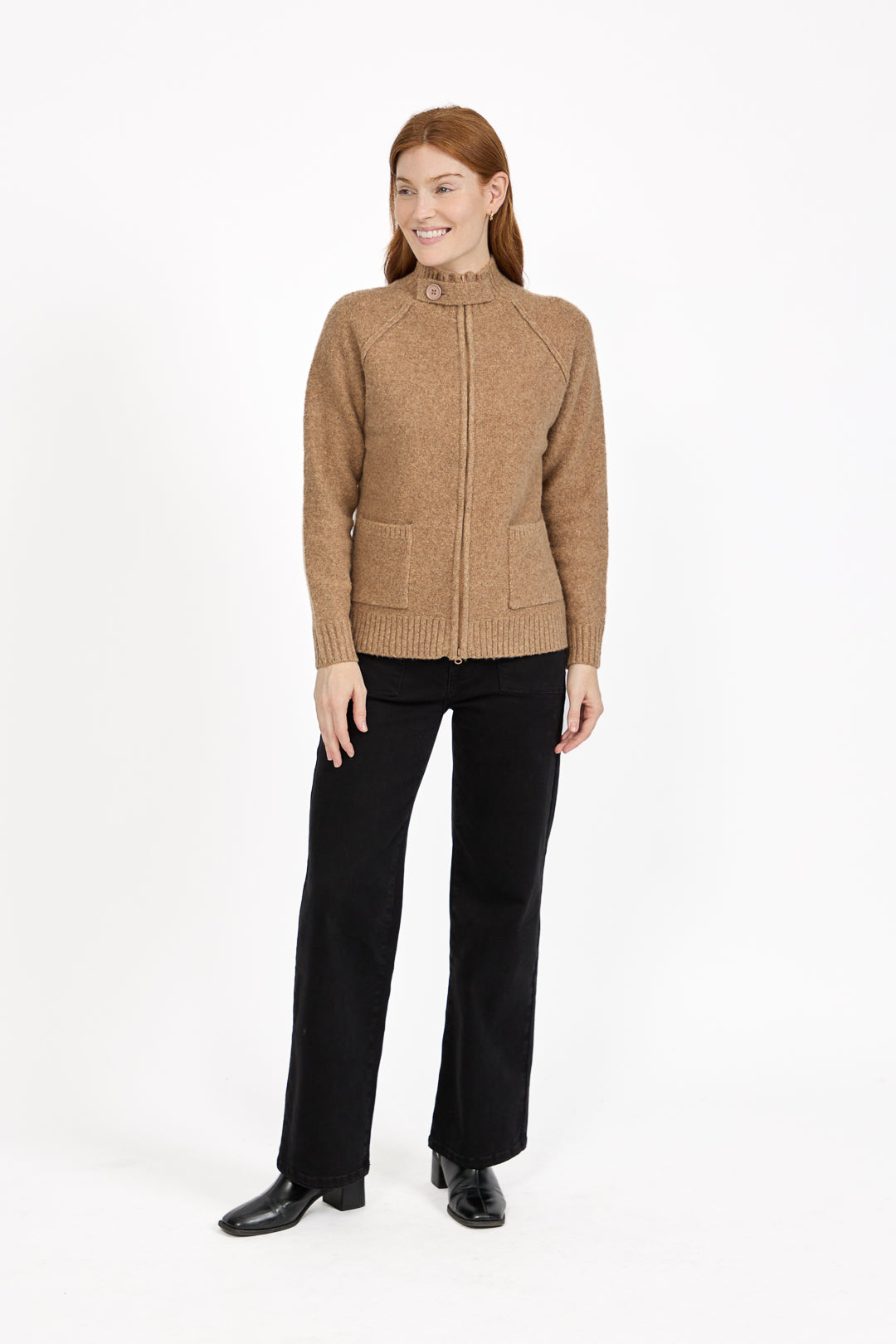 Button Tab Collar Zip-Up Knit Cardigan with Pockets