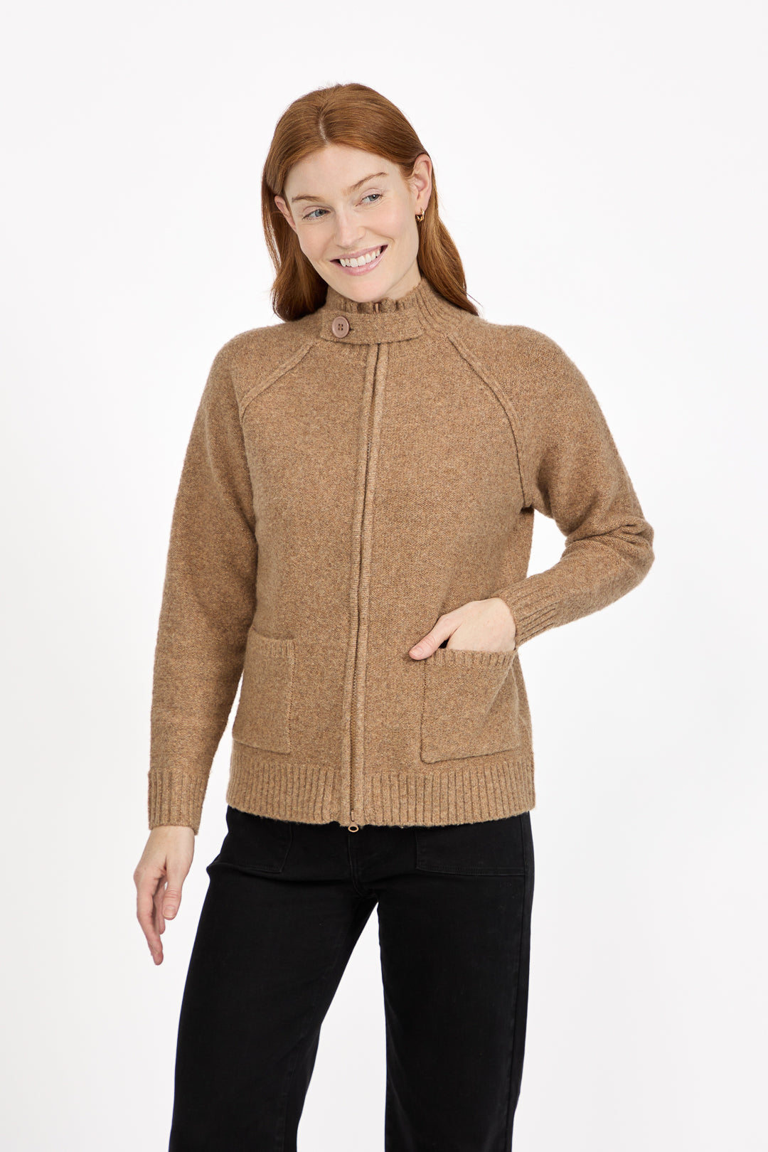 Button Tab Collar Zip-Up Knit Cardigan with Pockets