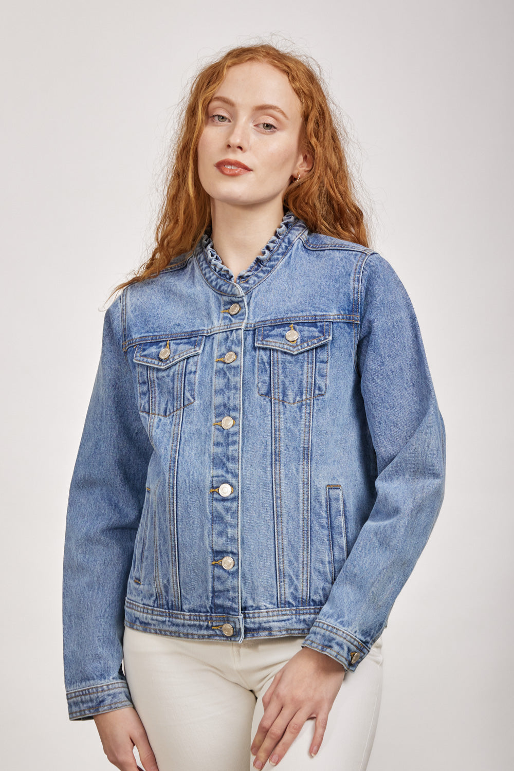 Ruffle Neck Denim Jacket