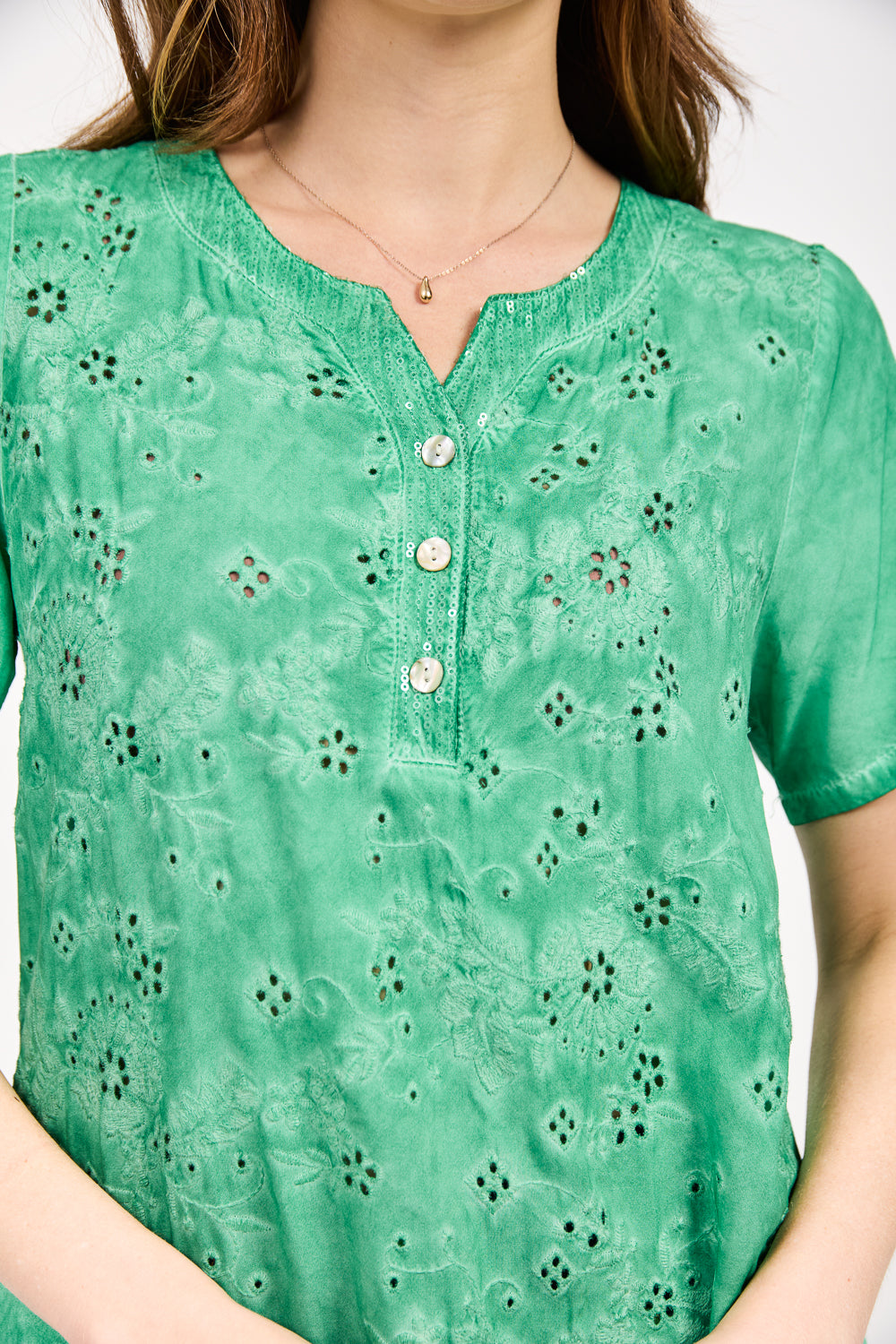 Acid Wash Embroidery Anglaise Embellished Top