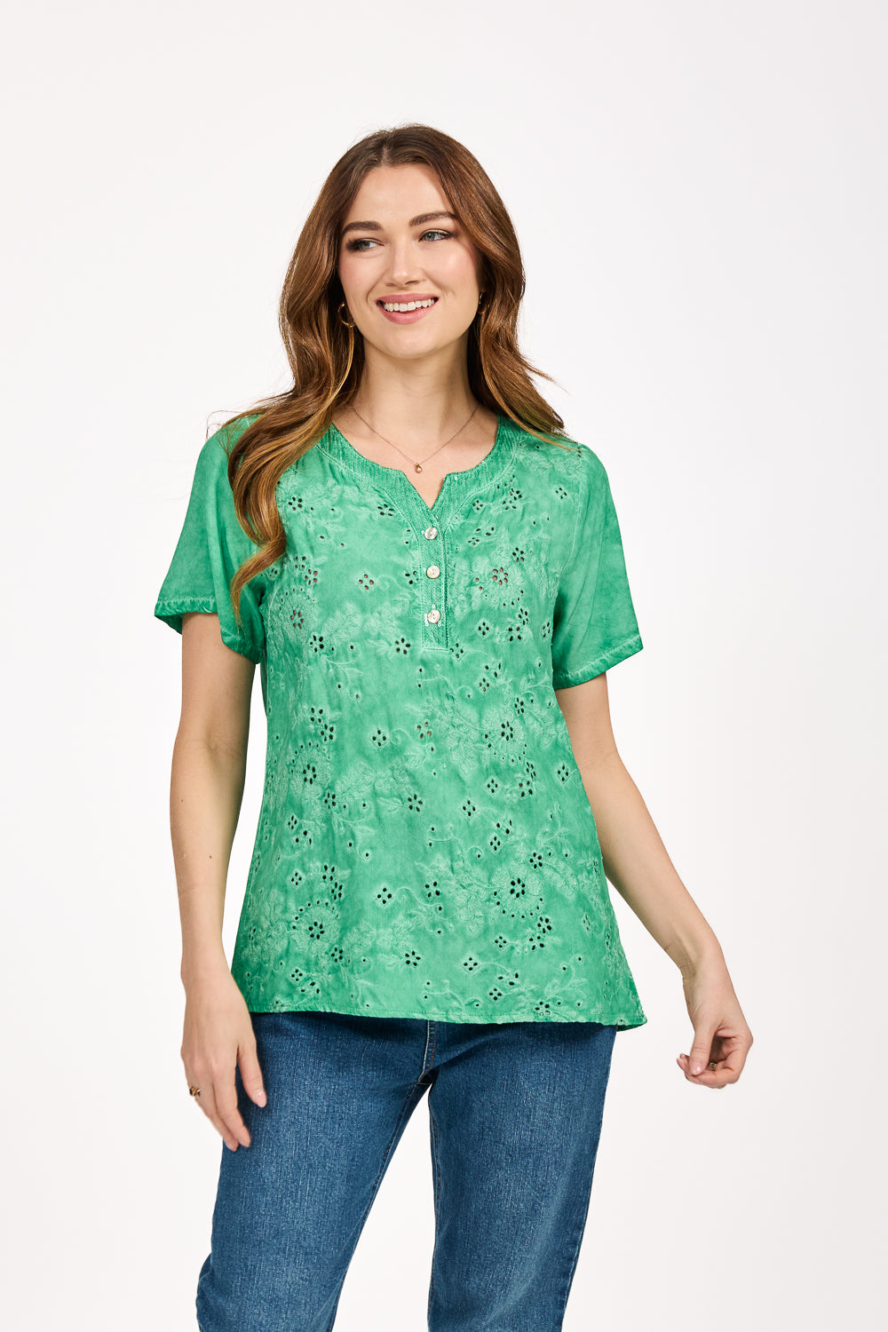 Acid Wash Embroidery Anglaise Embellished Top
