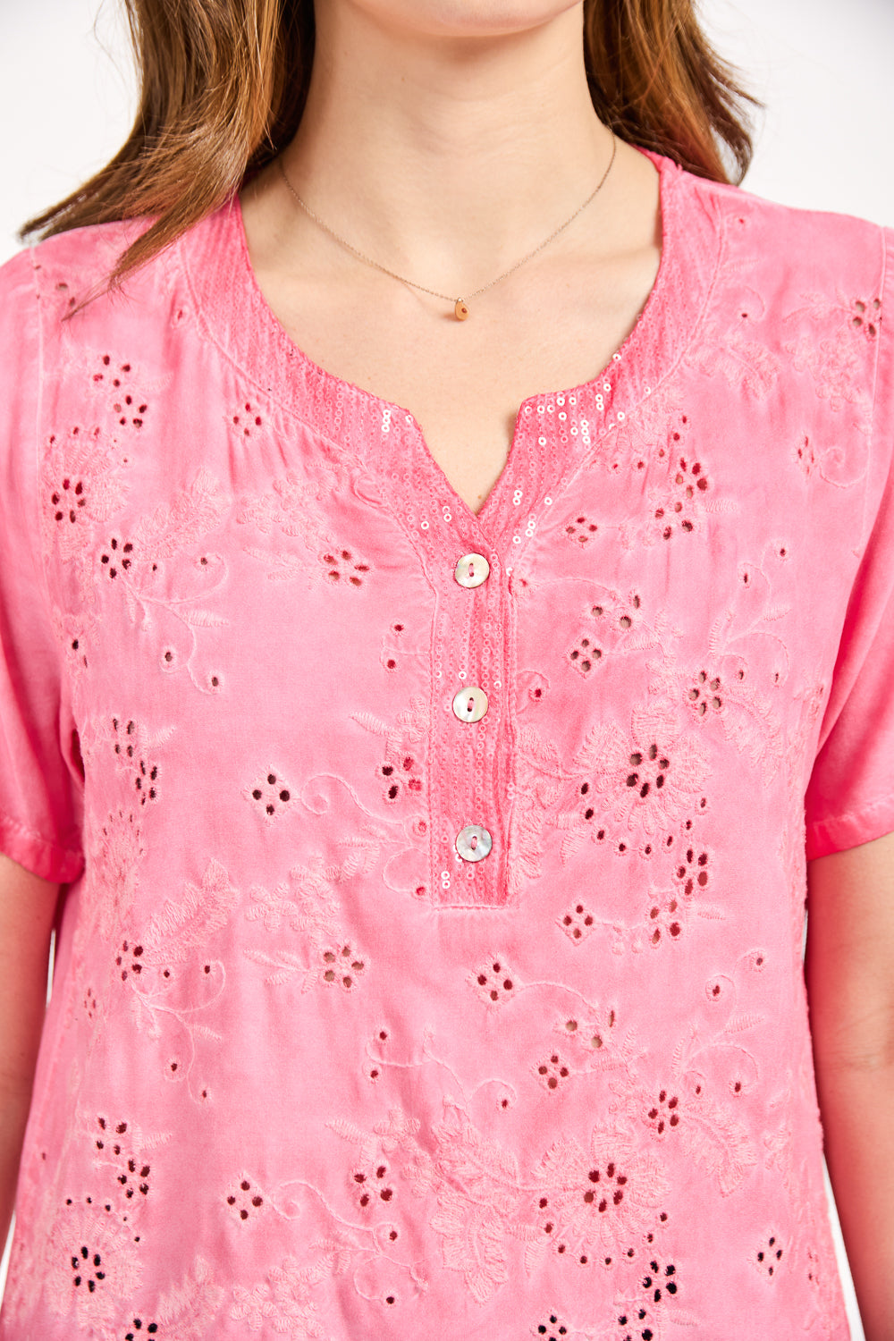 Acid Wash Embroidery Anglaise Embellished Top