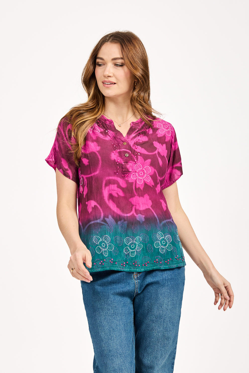 Tie Dye Embellished Flower Print Top