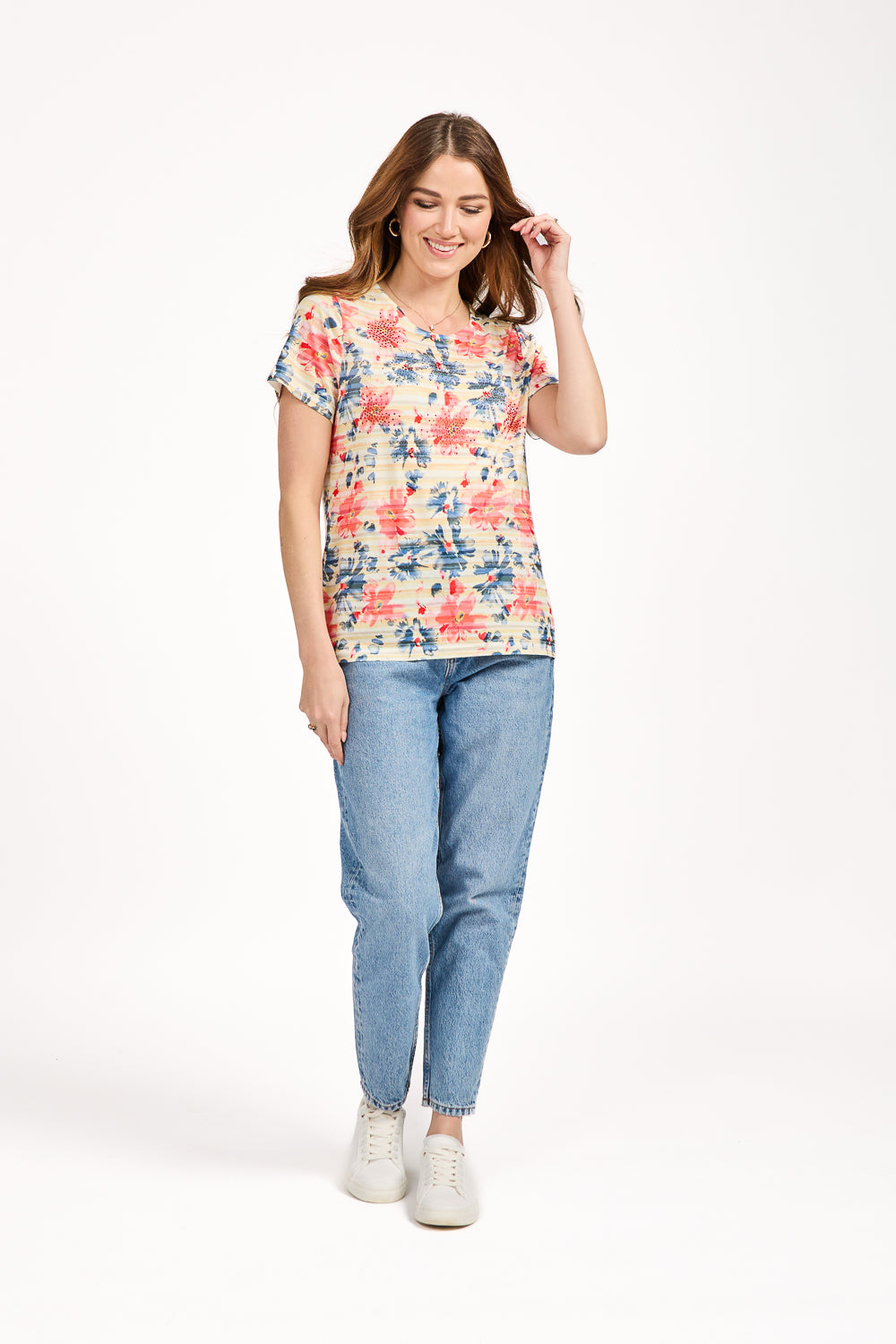Floral Stripe Print Embellished Top