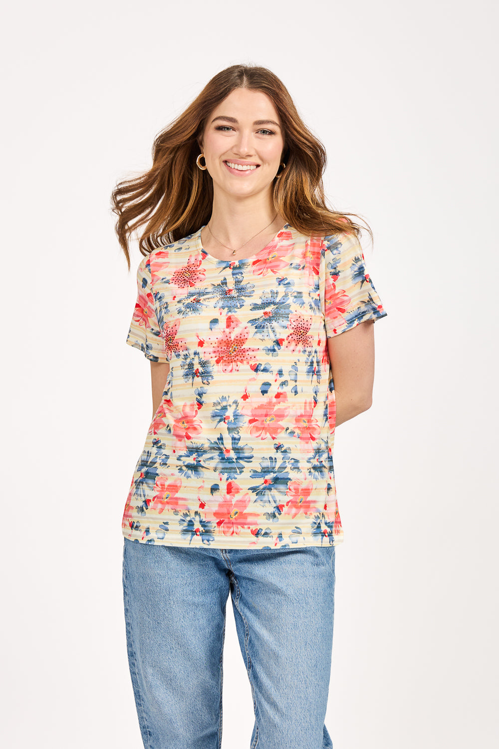 Floral Stripe Print Embellished Top