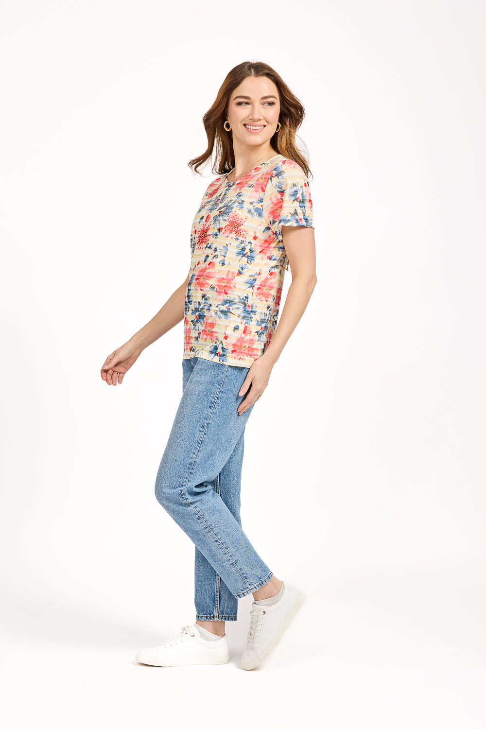 Floral Stripe Print Embellished Top