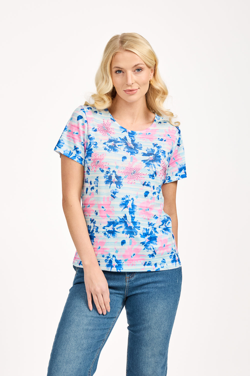 Floral Stripe Print Embellished Top