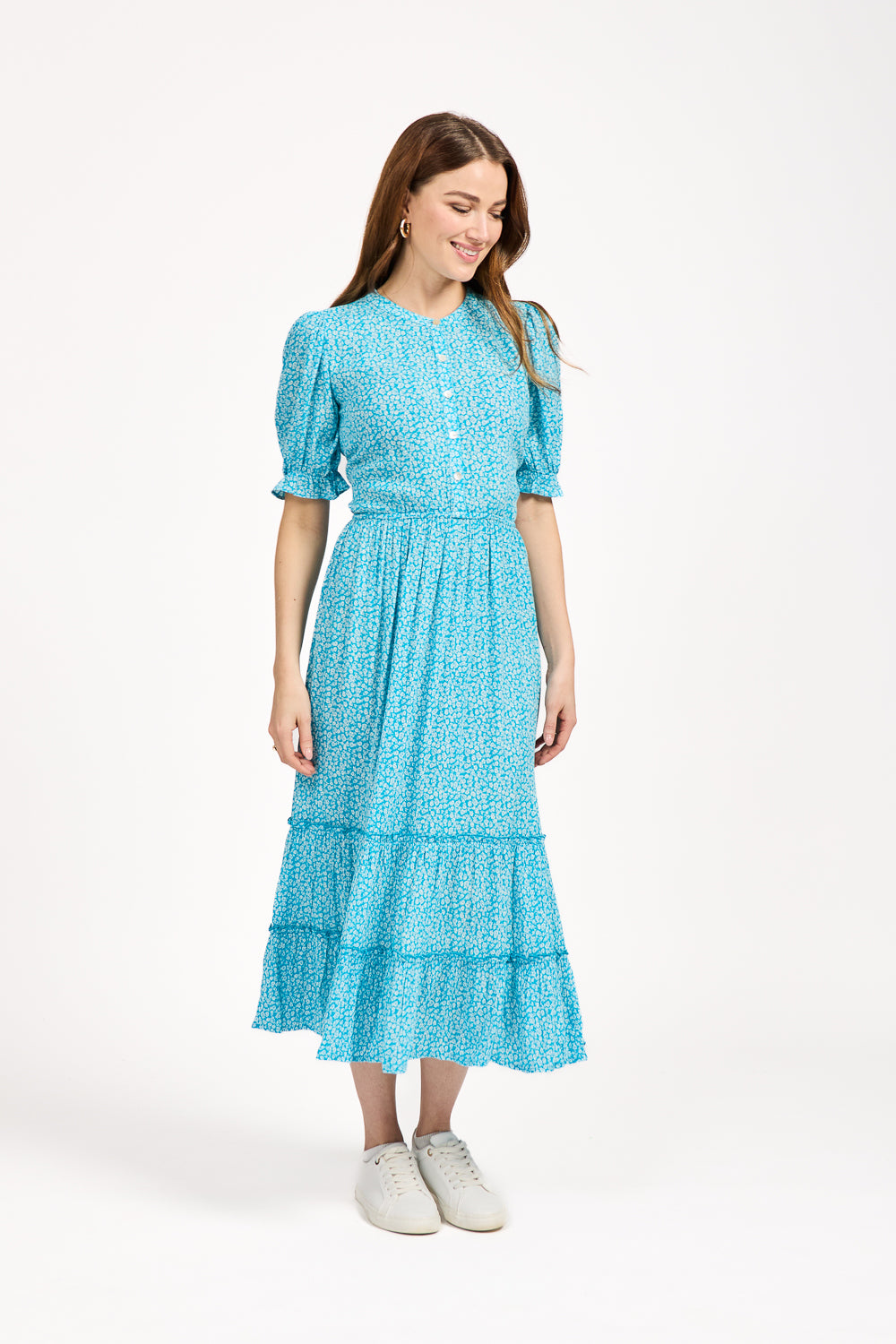 Ditsy Print Button Up Ruffled Dress