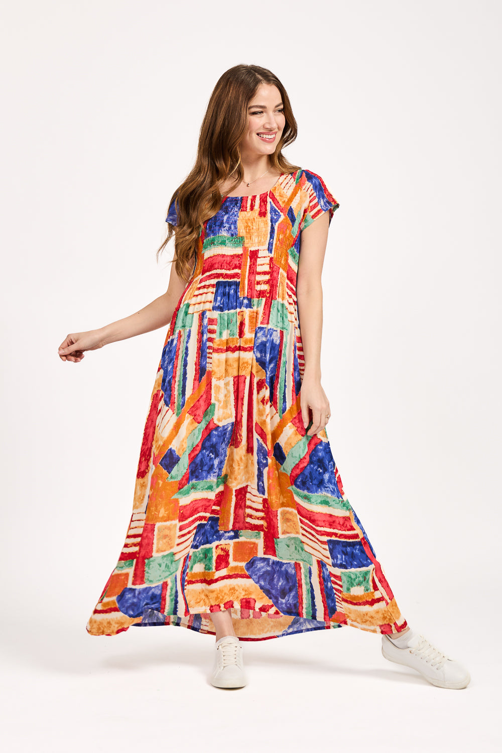 Geometric Print Shirred Bodice Dress