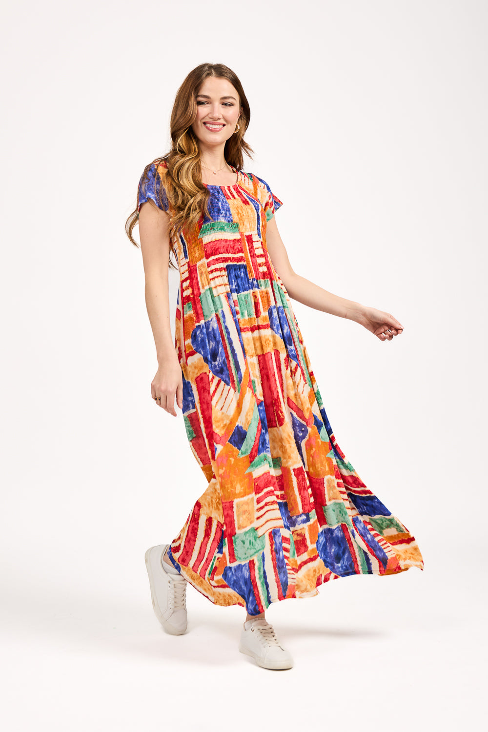 Geometric Print Shirred Bodice Dress