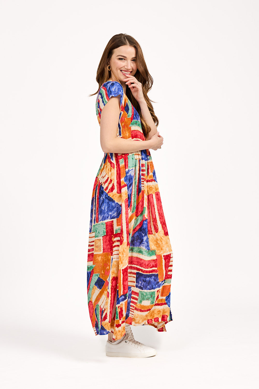 Geometric Print Shirred Bodice Dress