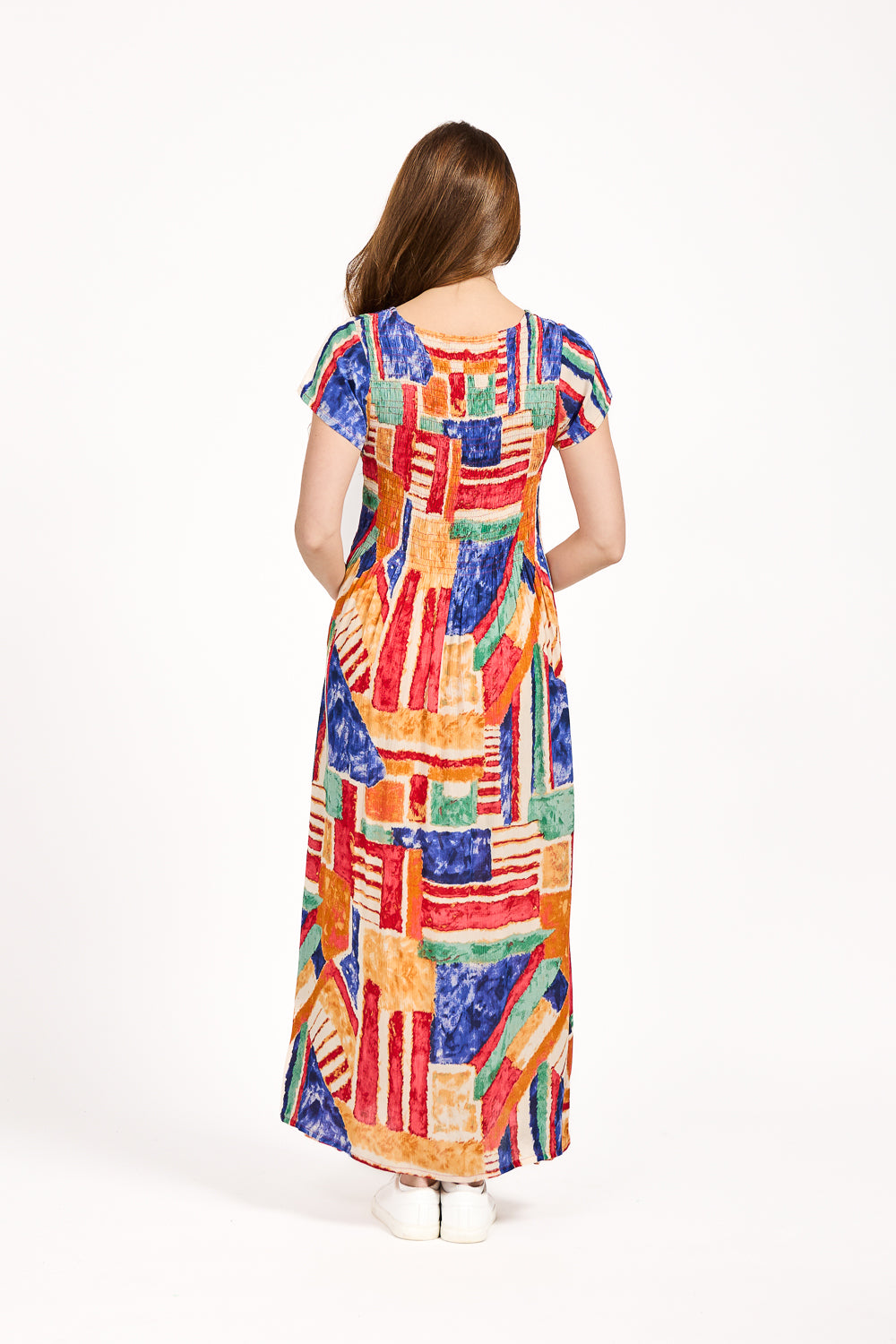 Geometric Print Shirred Bodice Dress