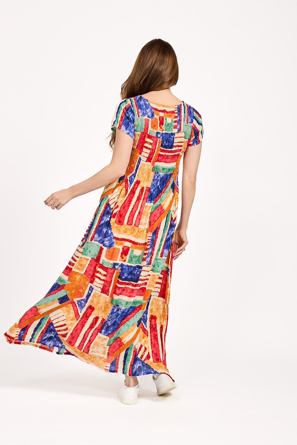 Geometric Print Shirred Bodice Dress