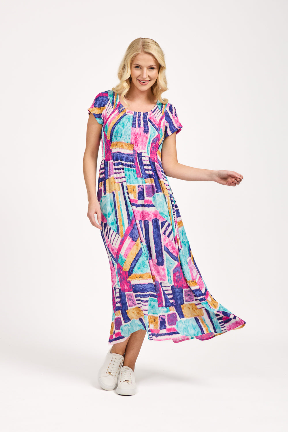 Geometric Print Shirred Bodice Dress
