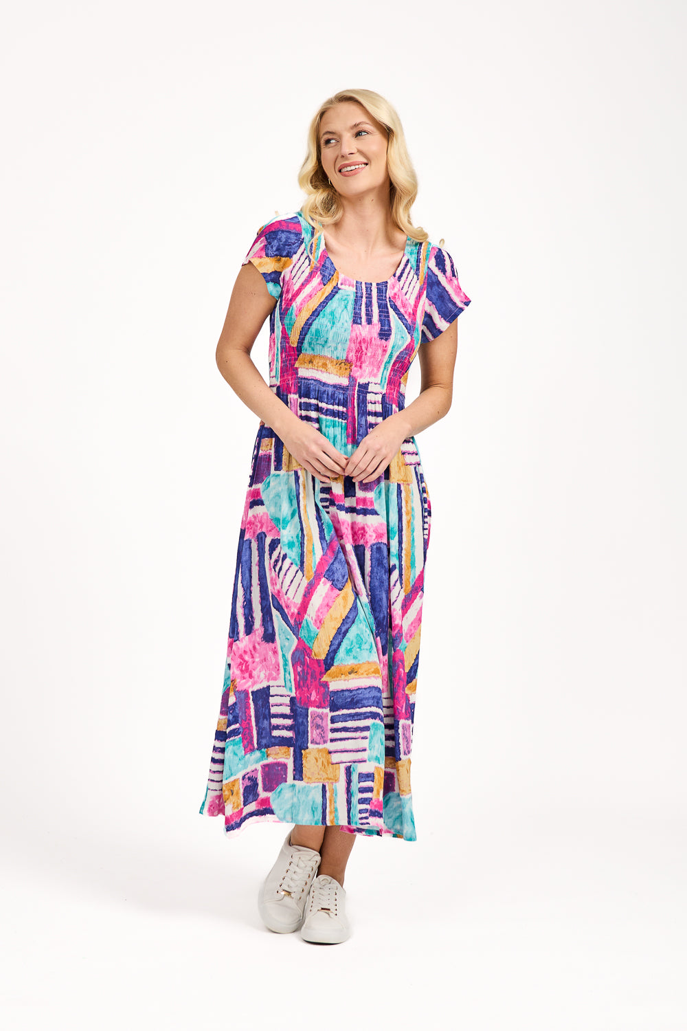 Geometric Print Shirred Bodice Dress