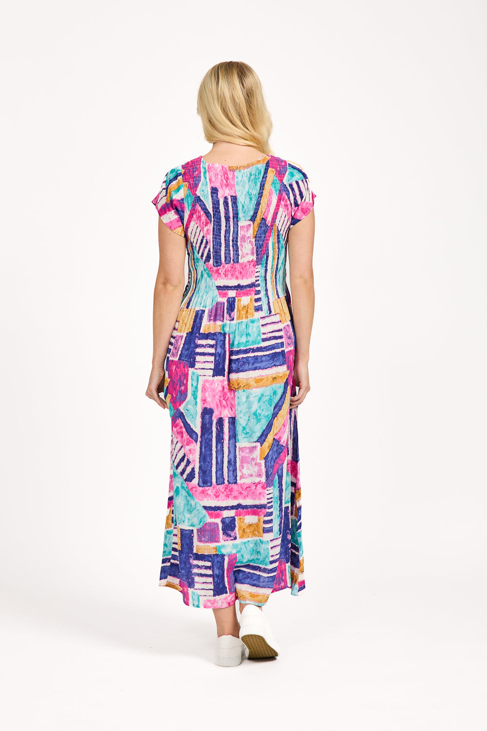 Geometric Print Shirred Bodice Dress