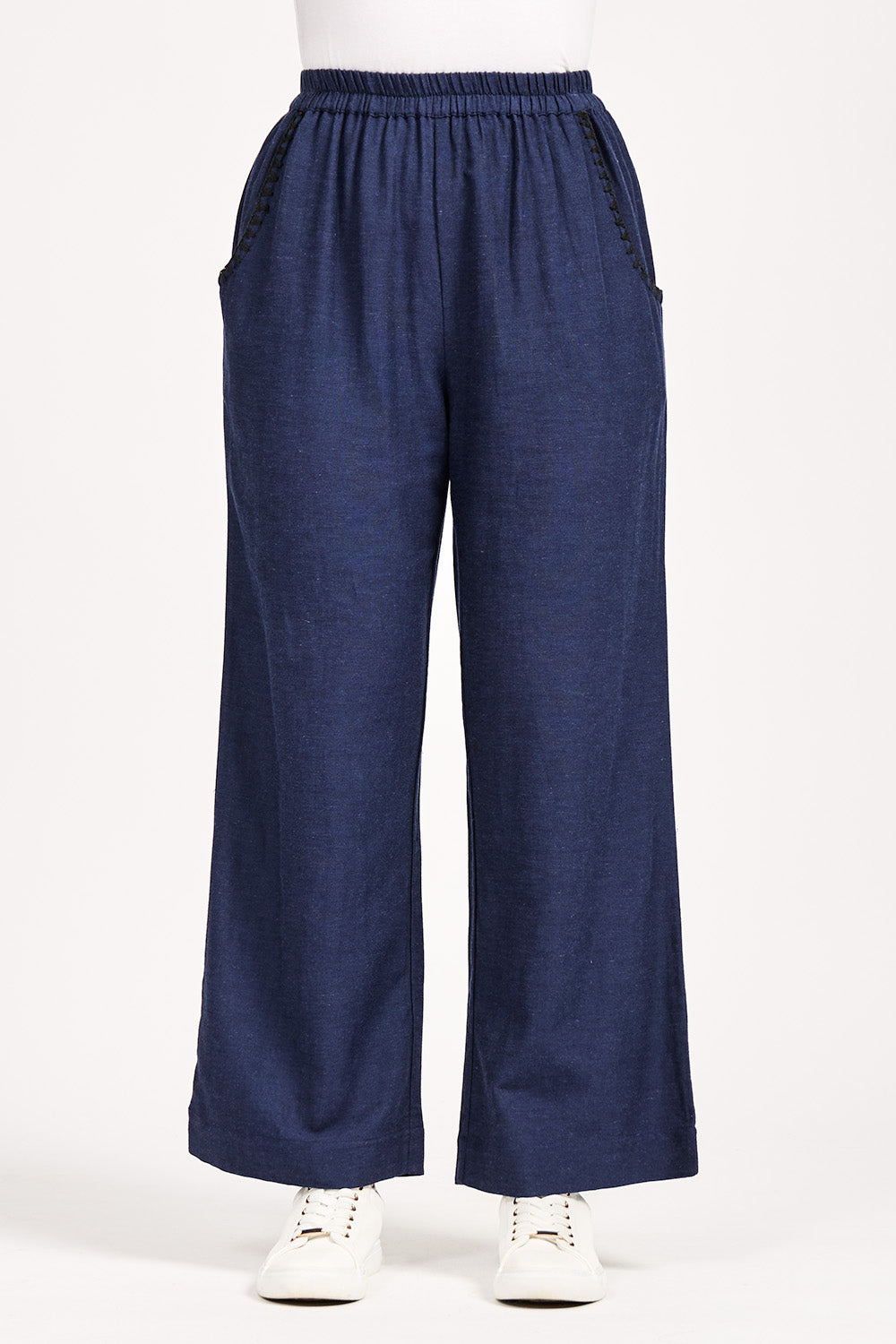 Linen Blend Blanket Stitch Wide Leg Trousers