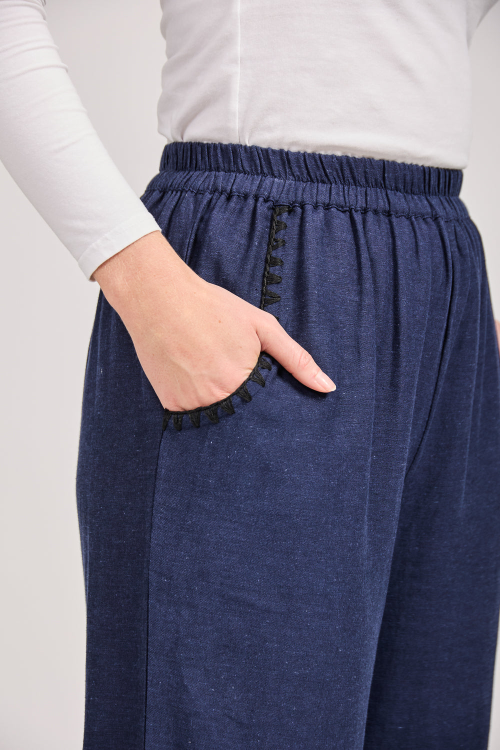 Linen Blend Blanket Stitch Wide Leg Trousers