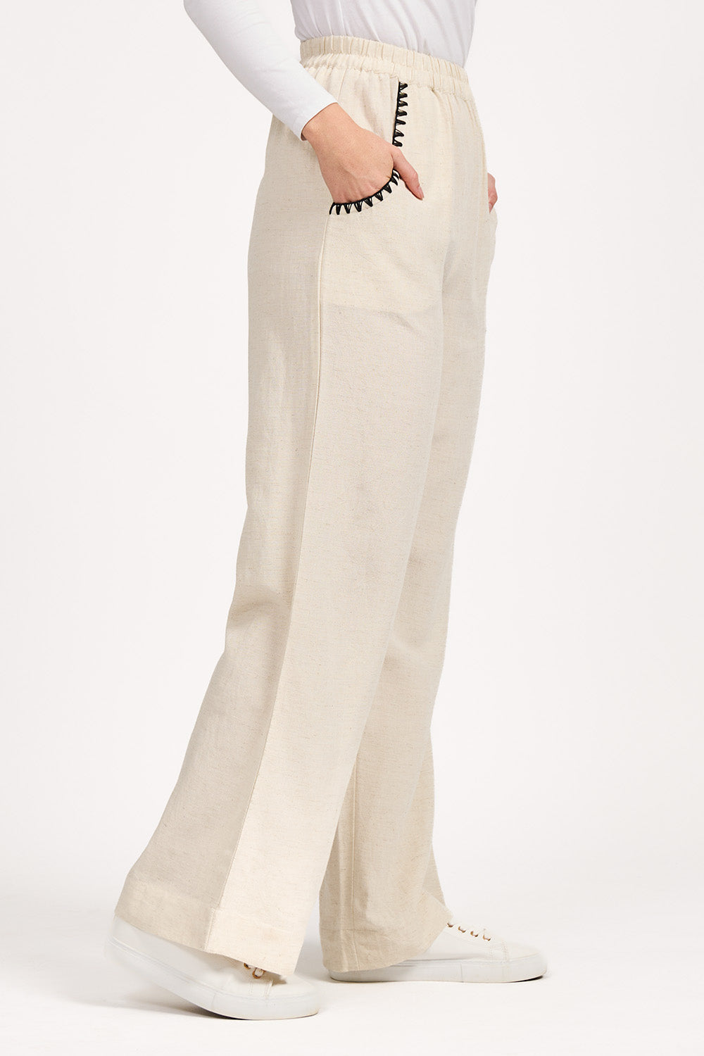 Linen Blend Blanket Stitch Wide Leg Trousers