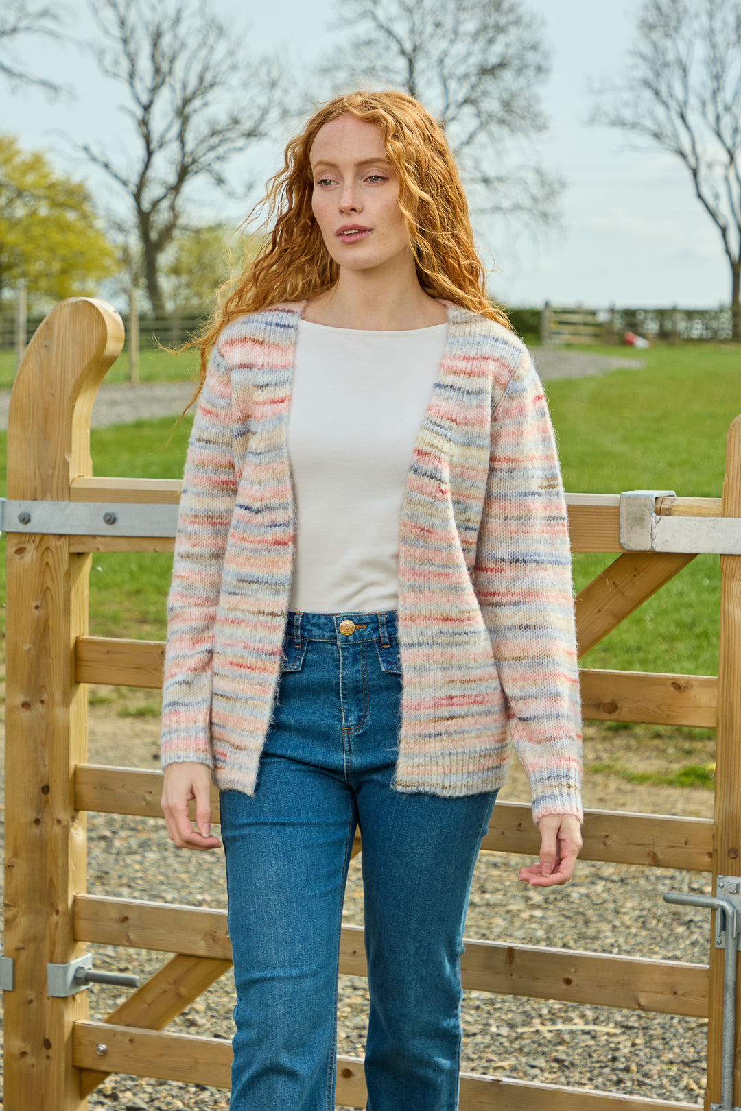 Space Dye Stripe Open-Front Knit Cardigan