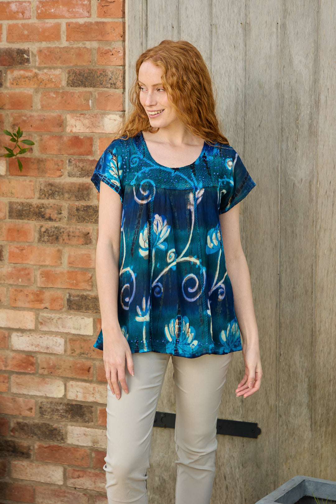 Batik Floral Embellished Tie Dye Top