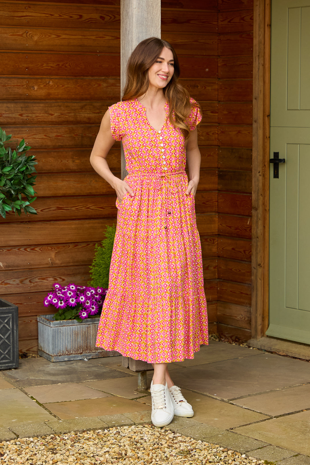 Geometric Print Tie Front Midi Dress