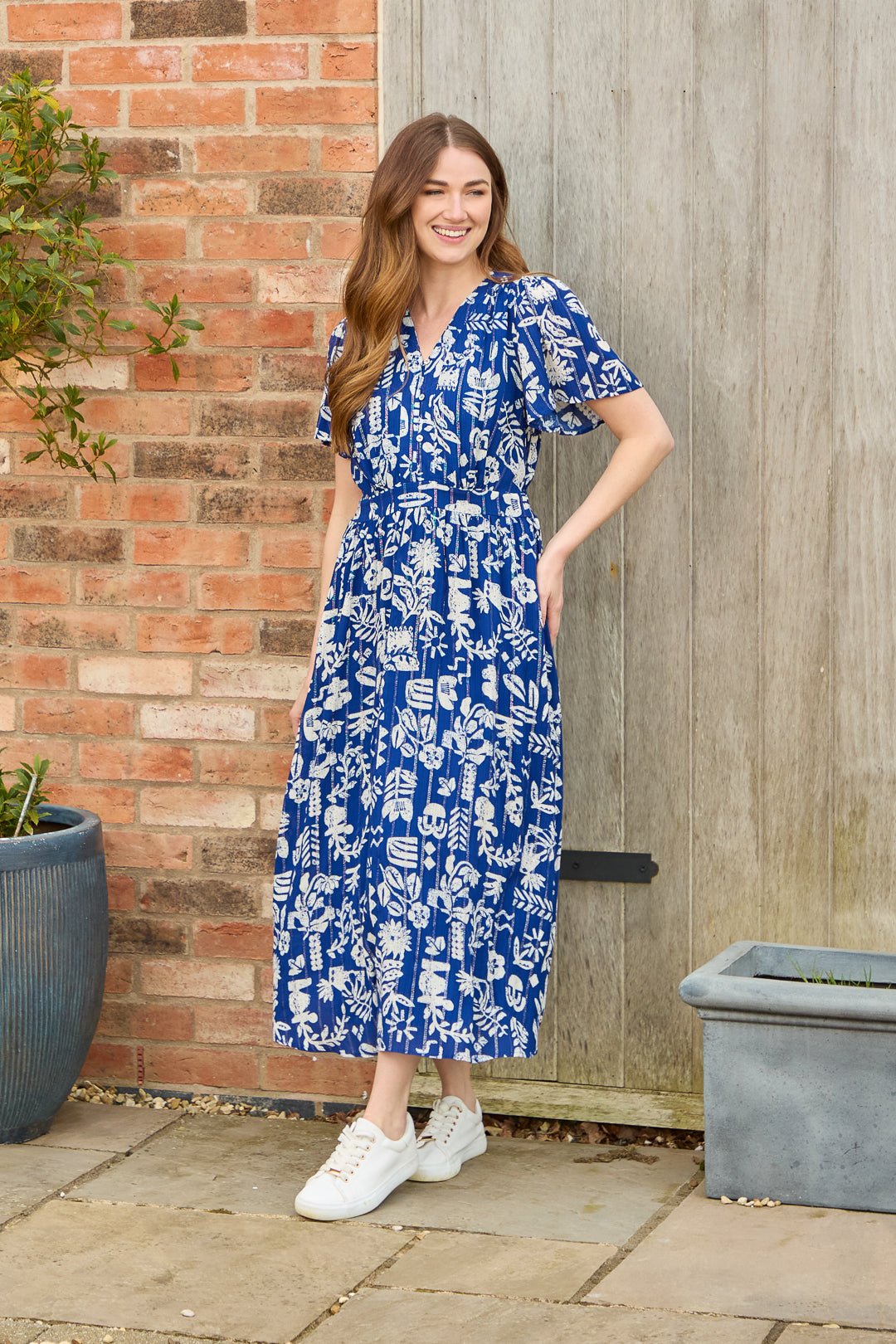 Leaf Print Button-Up V-Neck Lurex Dress