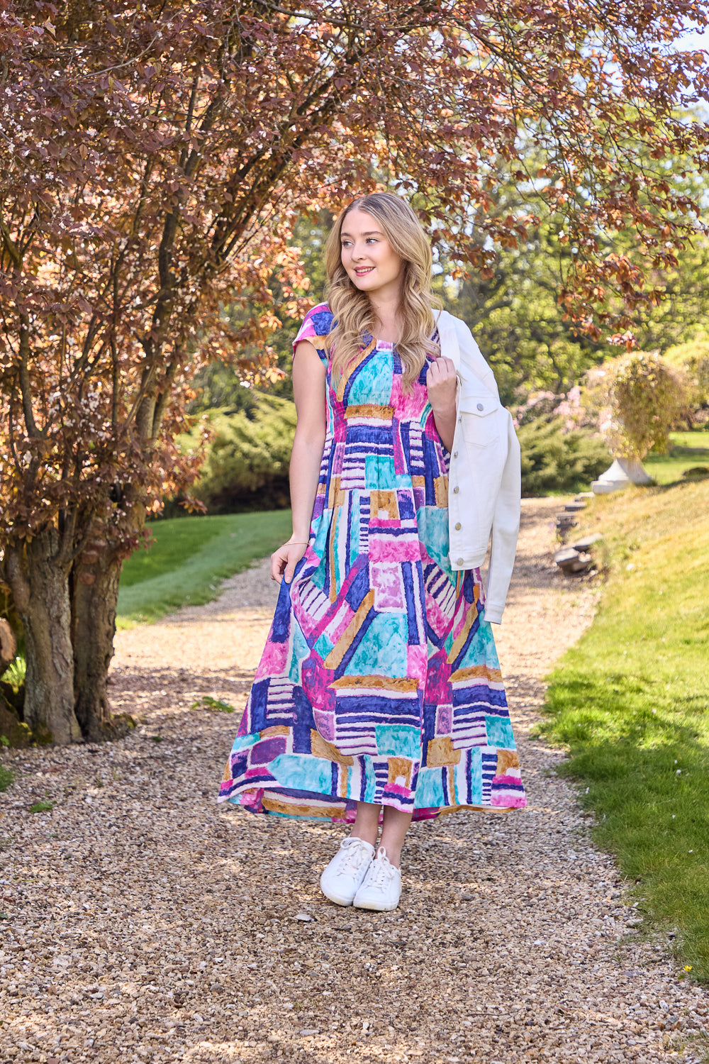 Geometric Print Shirred Bodice Dress