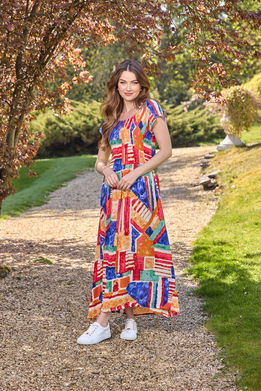 Geometric Print Shirred Bodice Dress