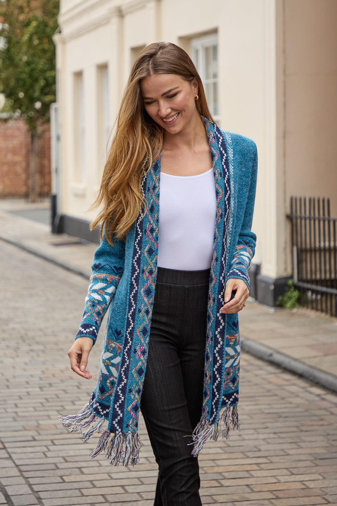 Aztec Bordered Fringed Longline Cardigan