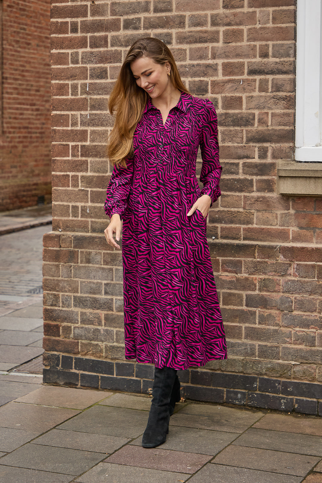 Zebra Print Soft Touch Shirred Bodice Button-Up Midi Dress