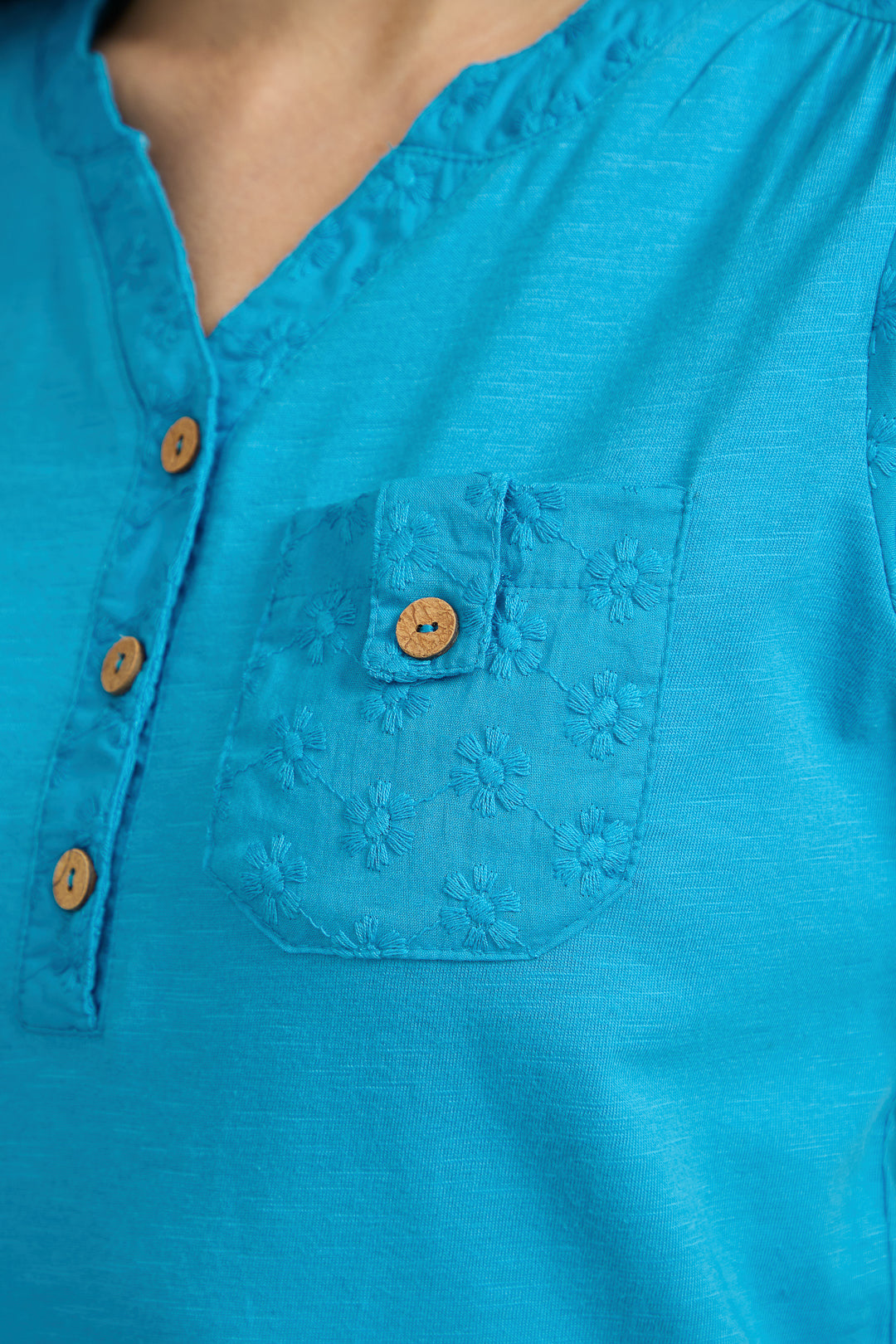 V-Neck Button-Up Floral Embroidery Top