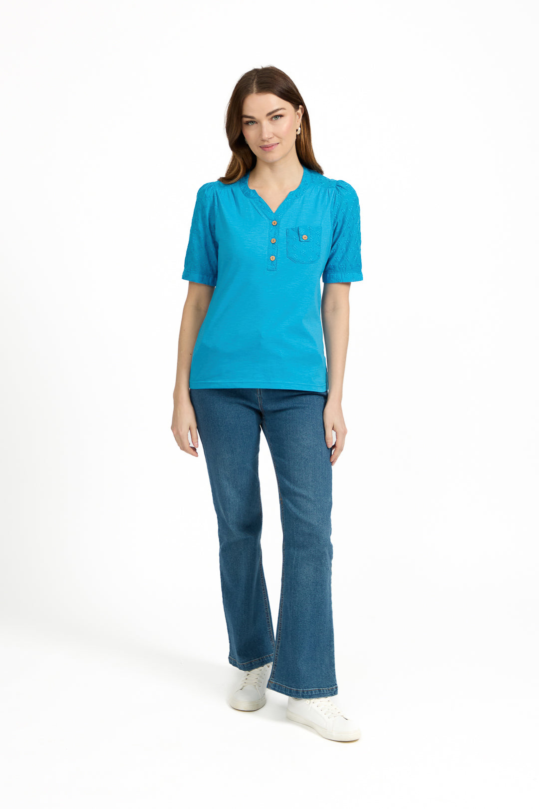 V-Neck Button-Up Floral Embroidery Top