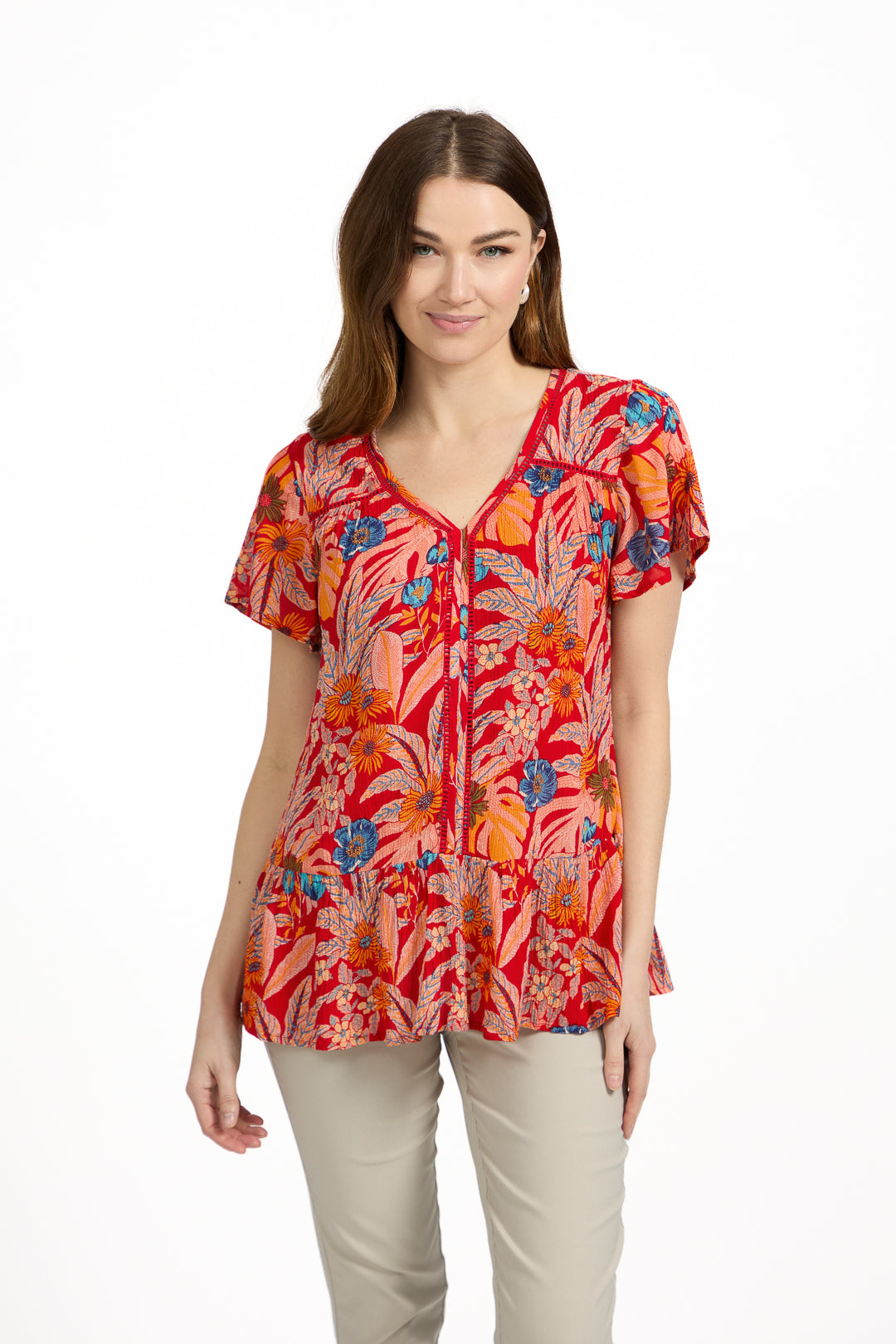Tropical Print Ladder Trim Top