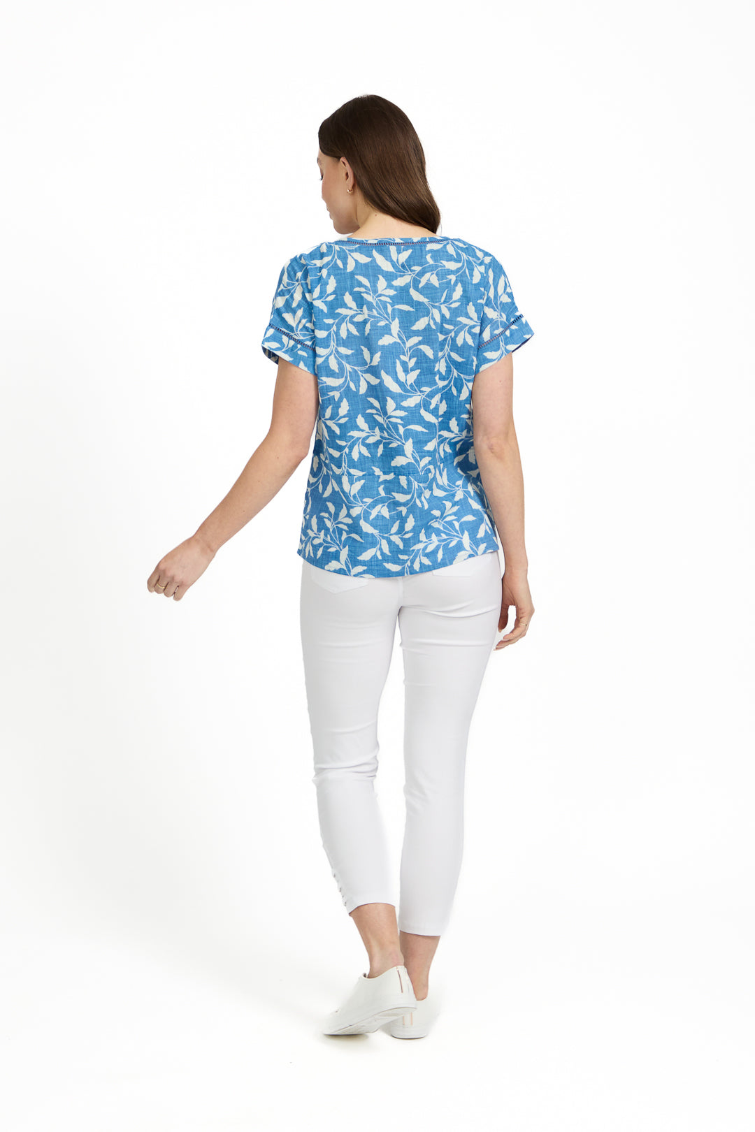 Leaf Print Ladder Trim Top