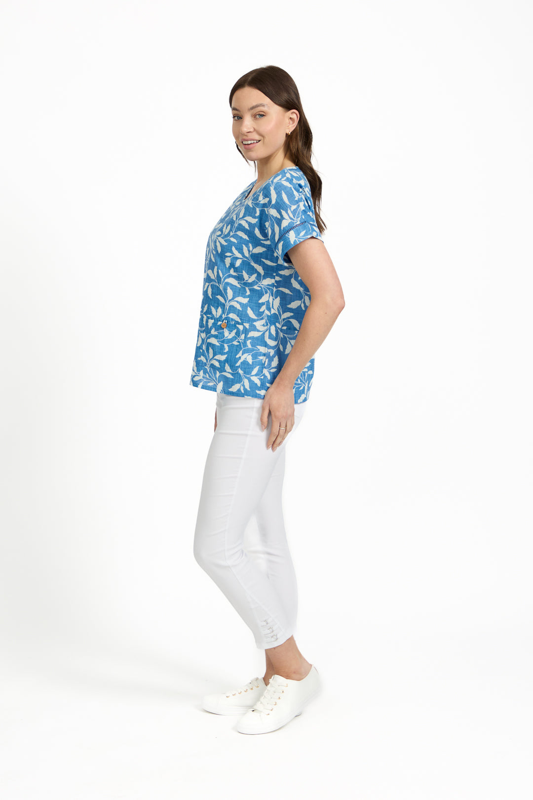 Leaf Print Ladder Trim Top