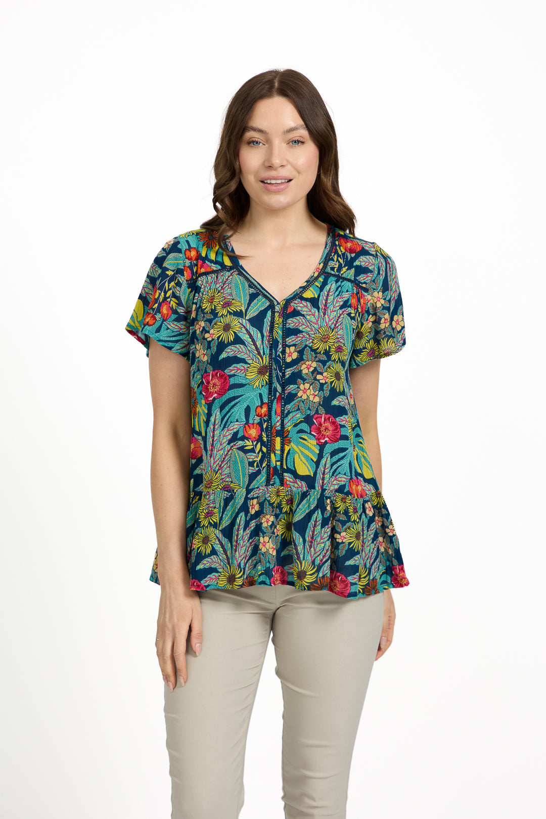Tropical Print Ladder Trim Top