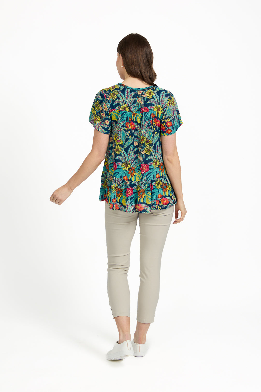 Tropical Print Ladder Trim Top