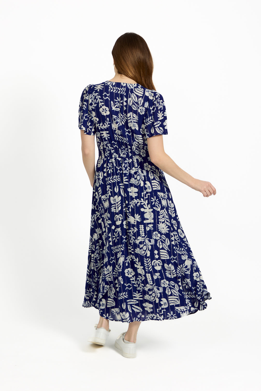 Leaf Print Button-Up V-Neck Lurex Dress