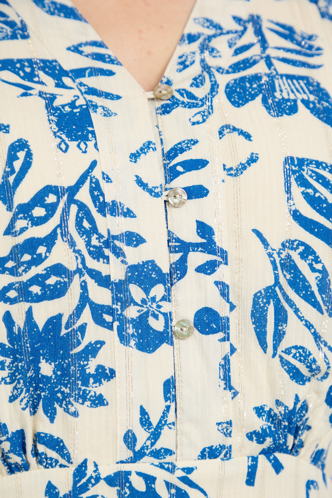 Leaf Print Button-Up V-Neck Lurex Dress
