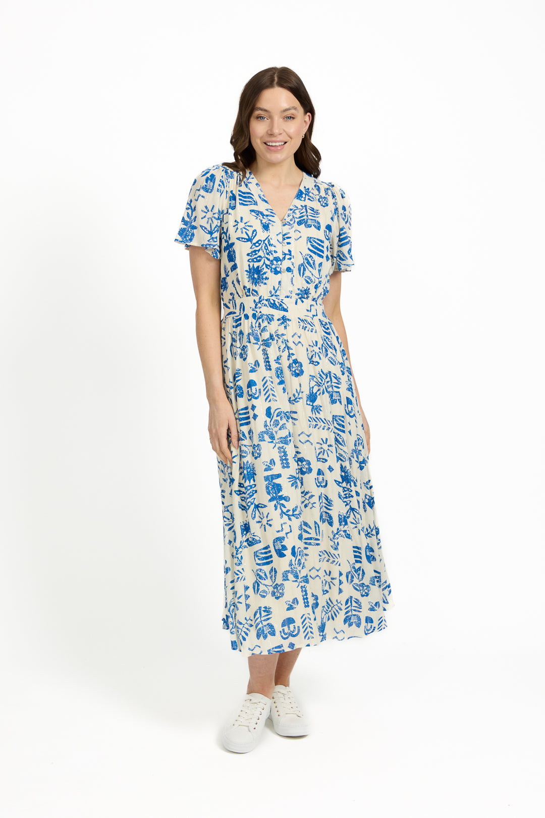 Leaf Print Button-Up V-Neck Lurex Dress