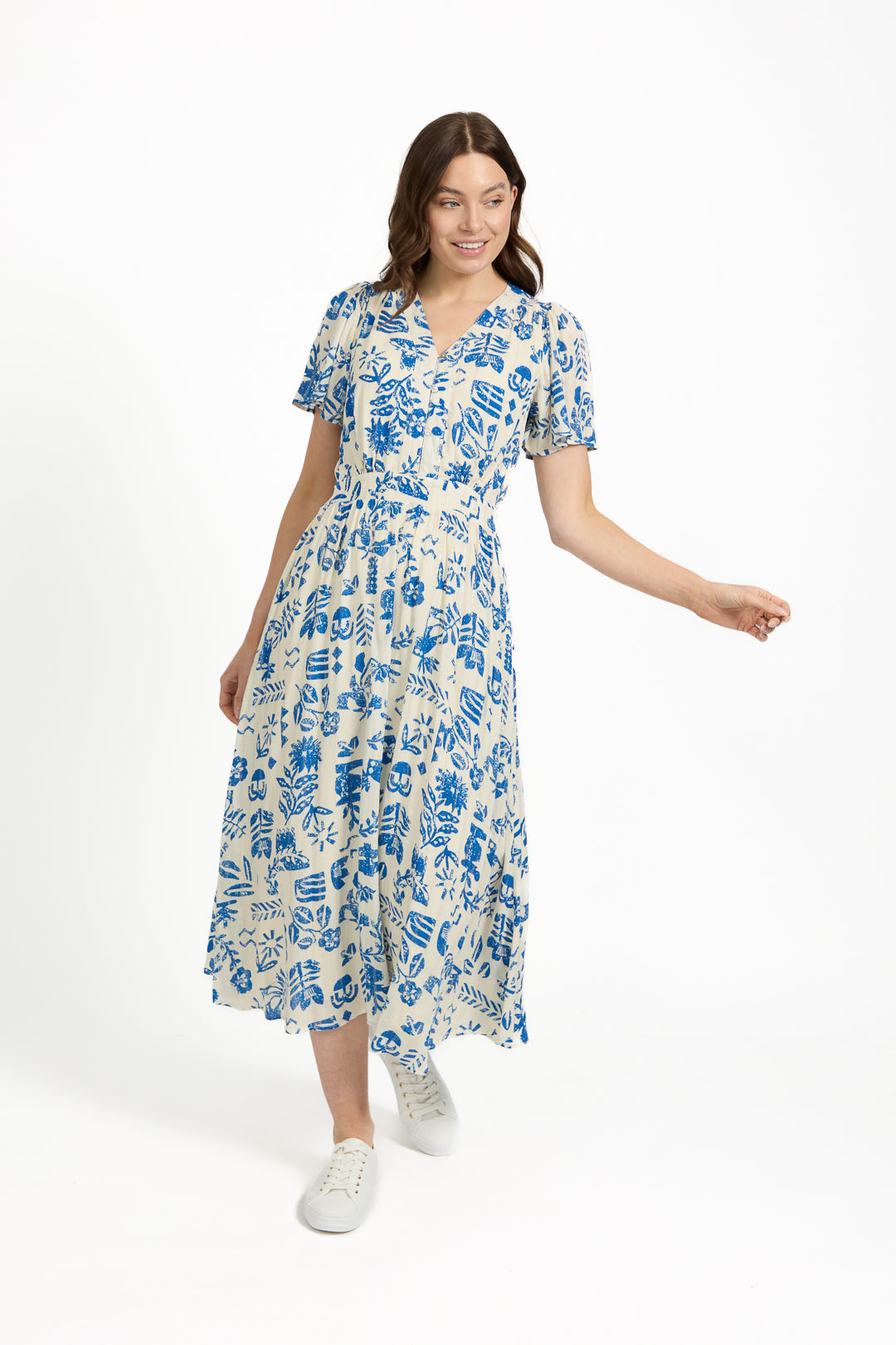 Leaf Print Button-Up V-Neck Lurex Dress