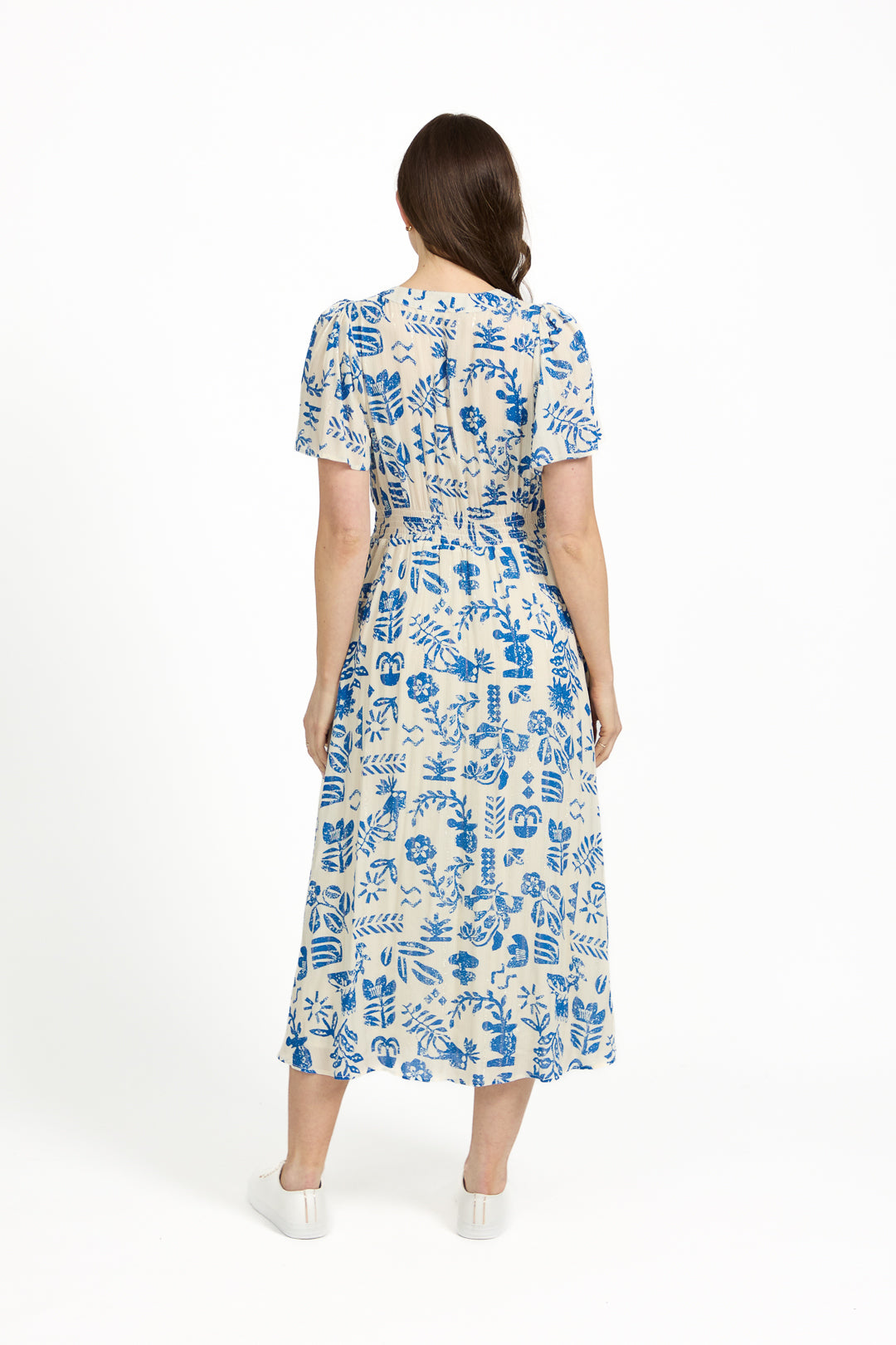 Leaf Print Button-Up V-Neck Lurex Dress